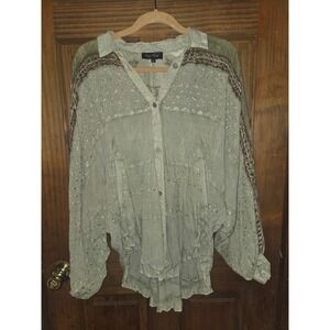 Young Threads Boho Embroidered Velvet Mixed Media Ruffle Top Olive Green Large